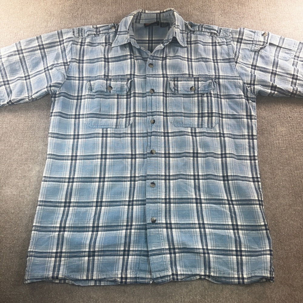 Solo Mens Blue Plaid Short Sleeve Button Down Shirt Cotton Epaulets Size Medium